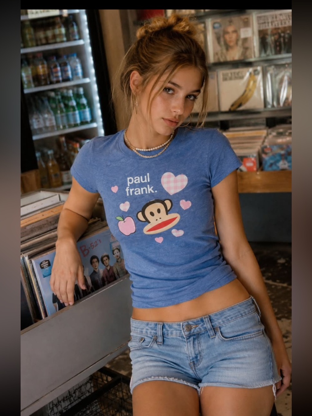 New Paul Frank Acid Wash Graphic Hearts Tee- Blue